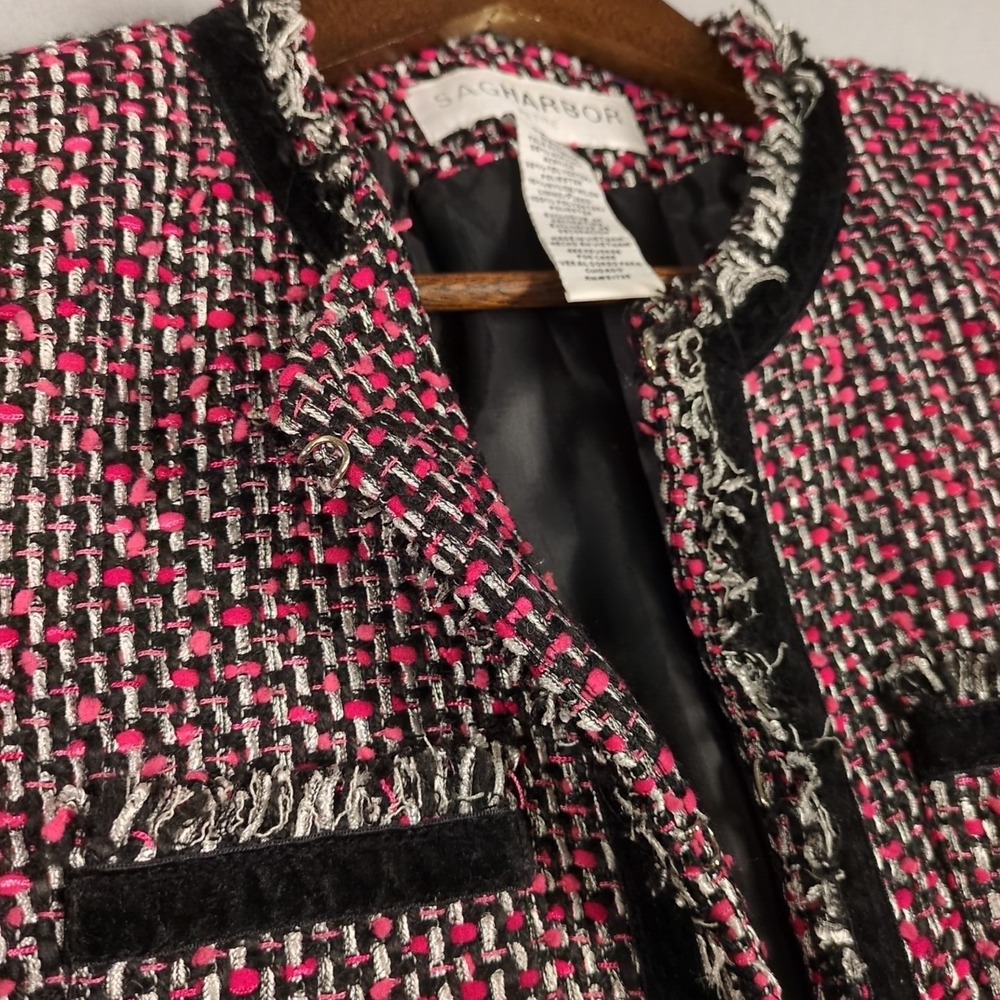 Sag Harbor Womens SZ 8 PETITE Pink White Black Tweed Blazer Fringe Hook & Eye - Picture 2 of 6